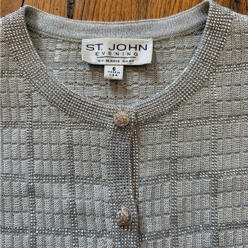 St. John Silver Embellished Cardigan with Rhinestone Detail & Metal Buttons Sz 6 - Picture 3 of 6